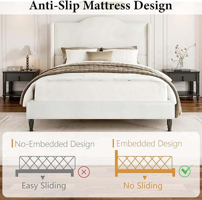 Upholstered Bed Frame with Tall Headboard, Leather Full Platform Bed Frame with Wingback Sides, Wood Slats Support, Noise-Free Design, No Box Spring Needed, Easy Assembly, White