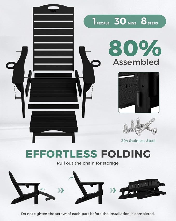 Folding Adirondack Chairs Set of 2,Adirondack Chair with Retractable Ottoman,Plastic Adirondack Chairs with 2 Cup Holder,Weather Resistant Patio Chair,Outdoor Chairs Set of 2(Black)
