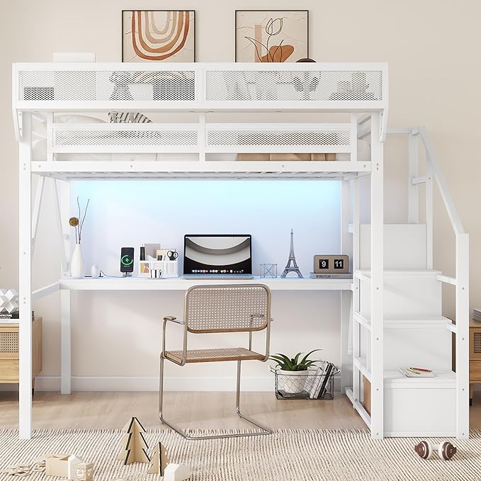 KEIKI Full Size Metal Loft Bed Frame with Desk, Staircase, Built-in Storage Shelves and Wardrobe, Modern Loft Bed with Solid Slats, Guardrail, No Box Spring Required, Easy Assembly, for Bedroom, White