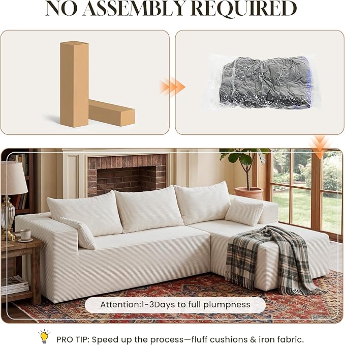 106" Cloud Sectional Boneless Couches for Living Room, Modular L Shaped Couch with Deep Seat Oversized Right Facing Chaise, Memory Foam Compressed Spineless 3 Seater Sofa for Apartment, Beige