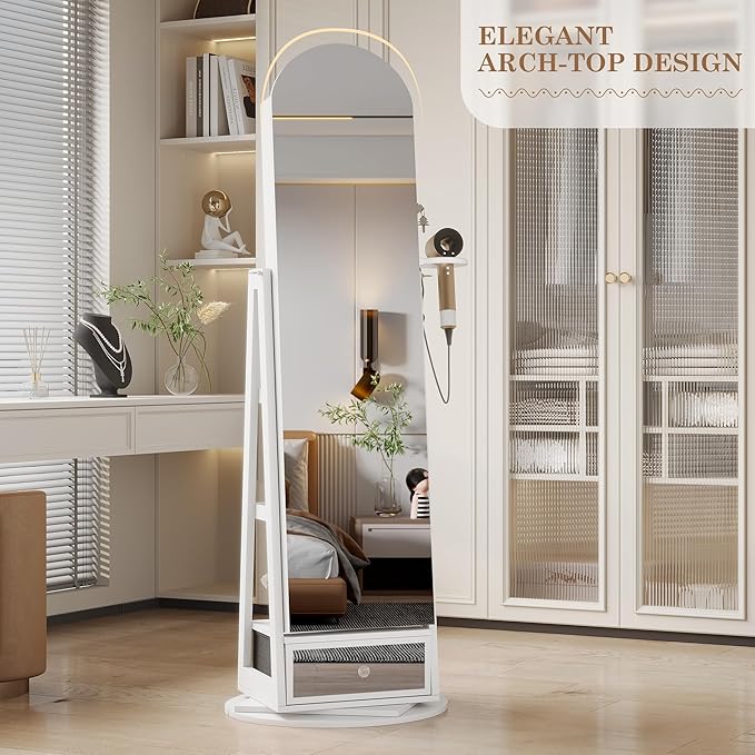 LVSOMT 64" H Arched LED Mirror Jewelry Cabinet Standing, 360° Swivel Full-Length Mirror with Storage, Lockable Jewelry Organizer with Inner Makeup Shelf, Gift for Women, White