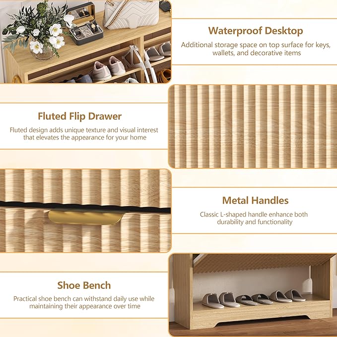HUANLEGO Shoe Cabinet Storage for Entryway with 2 Flip Drawers, Fluted Shoe Cabinet with Open Storage, Wooden Hidden Shoe Rack Freestanding Narrow Slim Shoe Organizer for Hallway, Entrance