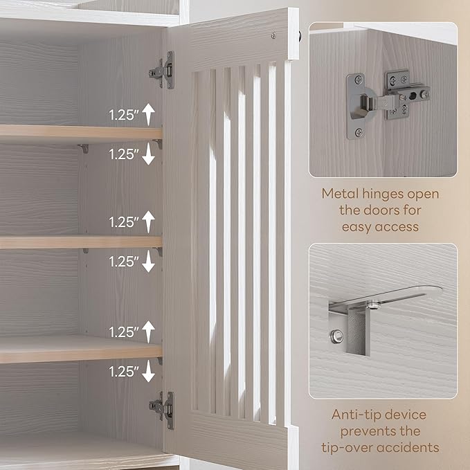 LIKIMIO Shoe Cabinet with Adjustable Shelves, 4-Tier Shoe Storage Cabinet with Slatted Doors, Freestanding Wooden Shoe Cabinet Storage for Entryway, Hallway, Living Room, White