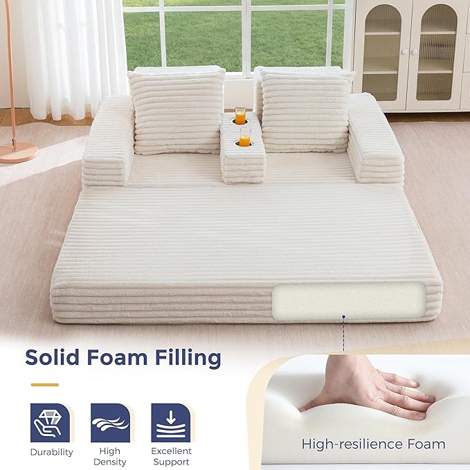 MAXYOYO Loveseat Sofa Bed, Striped Faux Fur Foldable Floor Sofa Couch in A Box, 4 in 1 Convertible Boneless Couch with 2 Cup Holders, Folding Recliner Sleeper Chair, No Assembly Required, Creamy