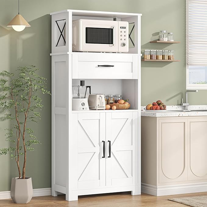 Saudism 55" Tall Farmhouse Kitchen Pantry Cabinet, Rustic Wooden Storage Cupboard with Doors, Shelves & Drawer, White for Kitchen & Dining Room, White