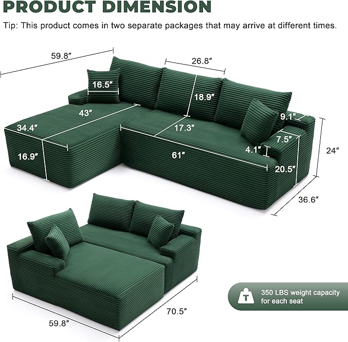 Mangodan Cloud Sectional Couch, Modular Sectional Sofa for Living Room, Fluffy Comfy Couch with L-Shaped Chaise, Boneless Sofa with Deep Seat, No Assembly Required, Green