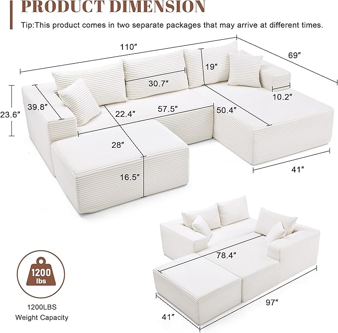 Mangodan 110” Cloud Sectional Couch, Boneless Sofa for Living Room, Modular Sectional Sofa with Deep Seat, Comfy Fluffy U-Shaped Couch with Right-Facing Chaise, No Assembly Required, Beige