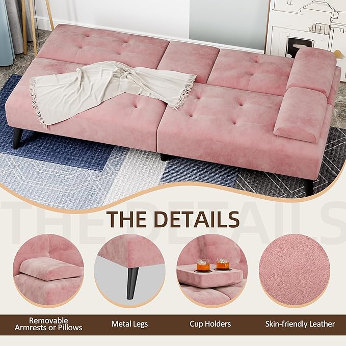 Shintenchi Futon Sofa Bed, Velvet Foldable Couch, Reclining Sleeper with Removable Armrests, Upholstered Loveseat Sofa Couch with Folding Cup Holders for Office, Home, Pink