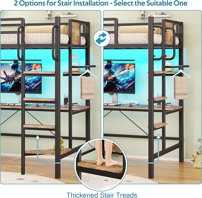 busyaeh Twin Loft Bed with Desk and Storage, Metal loft Bed with 5 Drawers and 2 Open Shelves, Heavy Duty Loft Bed Twin Size with LED Lights and Charging Station for Teens Adults, Vintage Brown