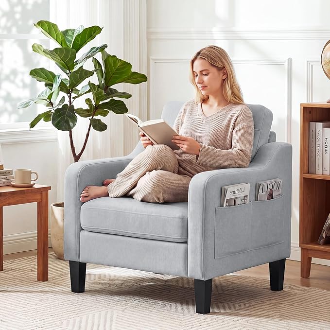 Accent Chairs Set of 2 for Living Room, Mid-Century Upholstered Armchair with Foldable Table & 2 Side Pockets, Modern Linen Wooden Sofa Chair for Bedroom & Reading Room, Light Grey