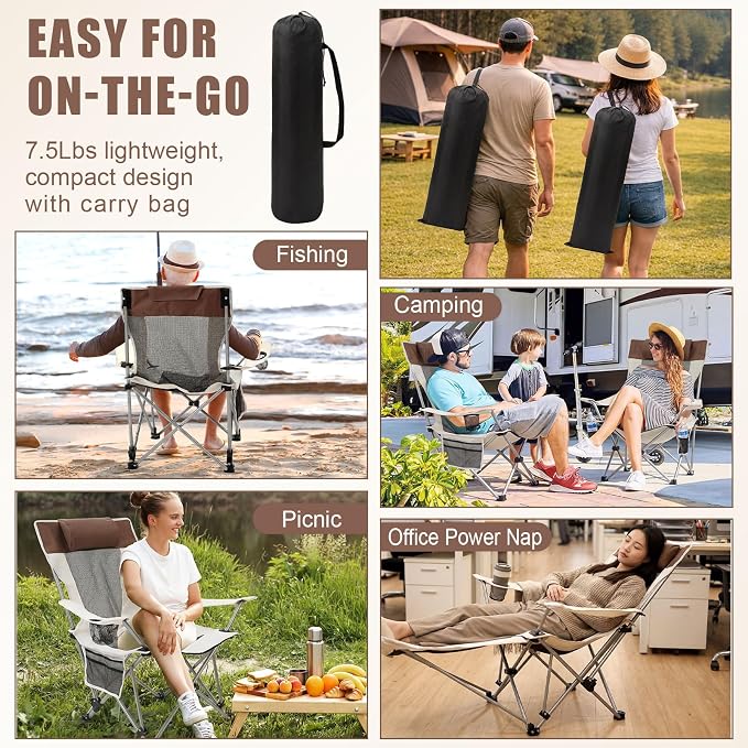 Colingmill 2 Pcs 2 in 1 Reclining Camping Chair with Footrest for Adults Folding Lounger Mesh Beach Chair Adjustable Backrest Lightweight Lawn Chairs for Camping Tailgates Outdoor Beach(Beige)