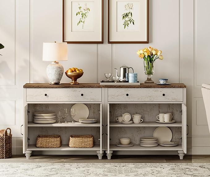 WAMPAT Buffet Cabinet with 8 Doors and 4 Drawers, Modern Coffee Bar Table Wood Kitchen Storage Cabinets, Farmhouse Sideboard Credenza for Dining Room, Rustic White, 134 inch