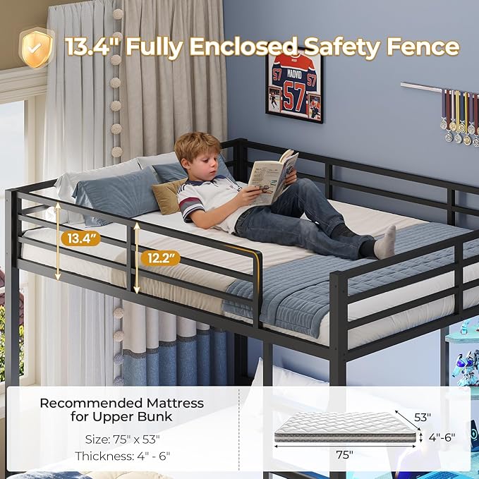 ADORNEVE Bunk Bed with Desk, Full Over Full Bunk Beds with Charging Station & Led Lights, 4 Storage Drawers & 2 Open Storage Shelves, Metal Loft Bed with Safety Guardrail & Ladder for Kids/Teen, Black