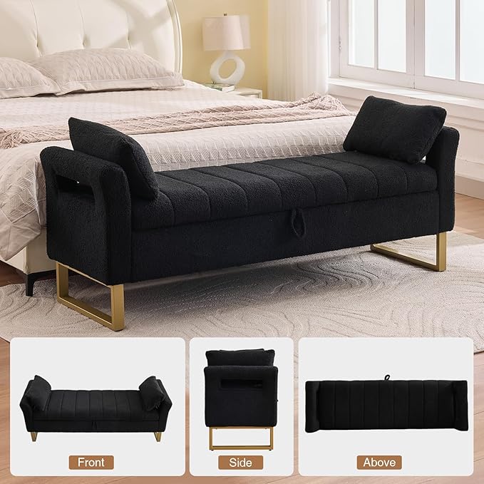 66'' Storage Bench for Bedroom End of Bed King Size, Long Bedroom Benches for Foot of Bed with Gold Legs, Comfy Bed Bench with Storage, Pillows for Entryway, Windows, Black Teddy