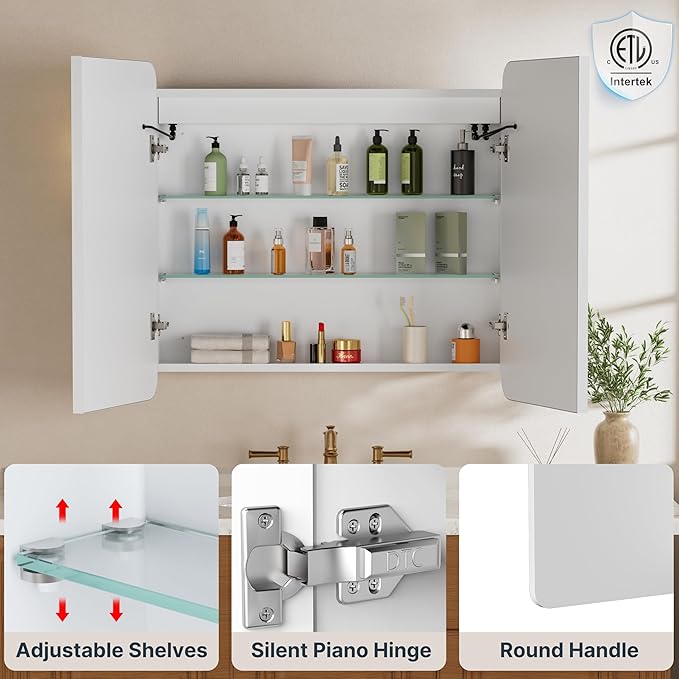 32x30 Inch Medicine Cabinet with Mirror, Recessed or Surface Mount Bathroom Medicine Cabinet with LED Lights, Anti-Fog, Memory Function, Adjustable Shelf, Dimmable Light, ETL Listed, White