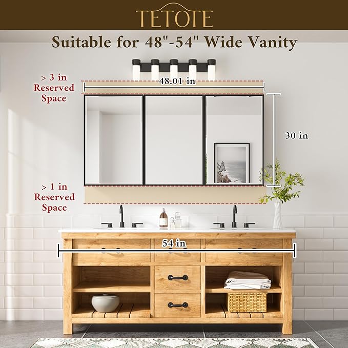TETOTE Medicine Cabinet 48"x 30", Brushed Nickel Bathroom Medicine Cabinet with Mirror, Stepless Adjustable Shelves, Beveled Framed, Surface Wall-Mounted or Recessed