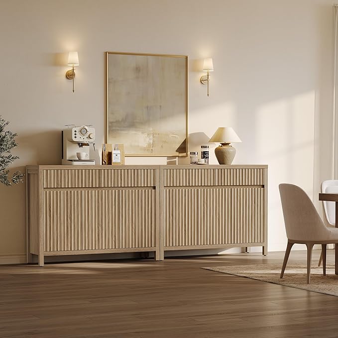 SICOTAS Fluted Sideboard Buffet Cabinet with Storage – Extra Large Credenza Accent Cabinet with 2 Drawers and 3 Doors, 84" Modern Entryway Cabinet Console with Adjustable Shelves for Living Room