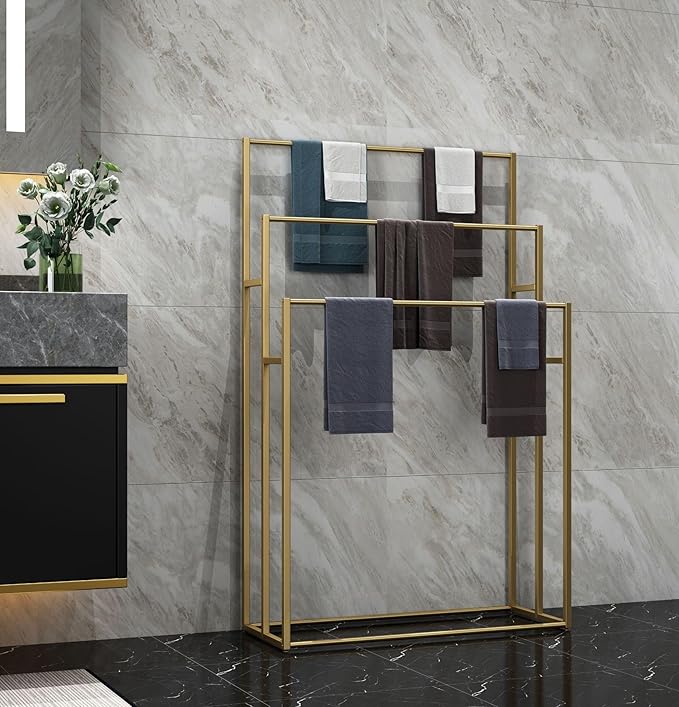 3 Tier Standing Towel Rack - Extra Wide Large Bathroom Towel Stand, Heavy-Duty Metal Towel Drying Rack for Poolside (Matte Gold, 37.4” Wide)