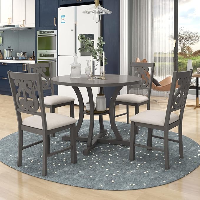 Harper & Bright Designs 5-Piece Round Dining Table and Chair Set with Special-Shaped Legs and an Exquisitely Designed Hollow Chair Back for Dining Room (Gray)