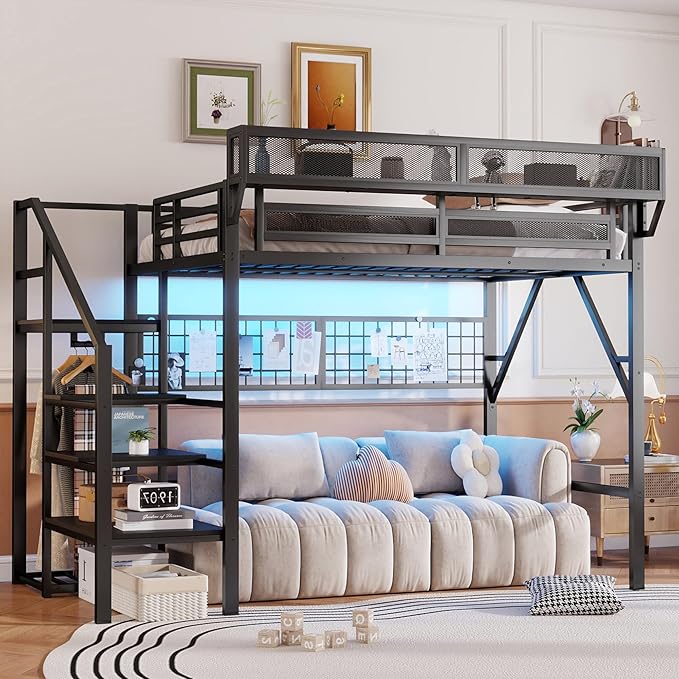 KEIKI Full Size Metal Loft Bed Frame with Grid & Staircase & Built-in Storage Shelves & Wardrobe, Modern Loft Bed with Solid Slat & Guardrail, No Box Spring Required, Easy Assembly, for Bedroom, Black