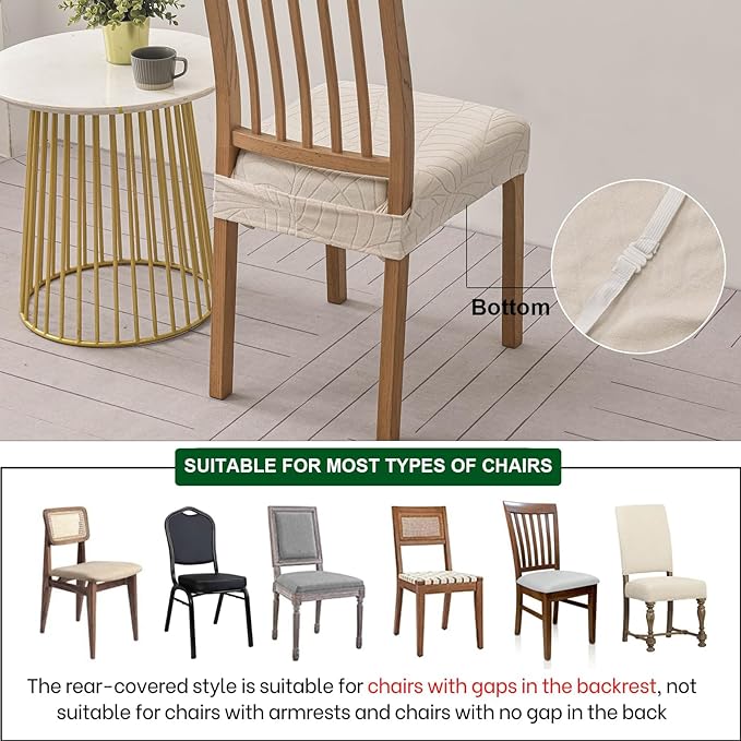 CRFATOP Waterproof Dining Room Chairs Seat Covers Set of 4 with Stretch Bench Slipcover Jacquard Kitchen Chair Slipcover Washable Seat Cushion Slipcover for Hotel Banquet Wedding Party, Beige