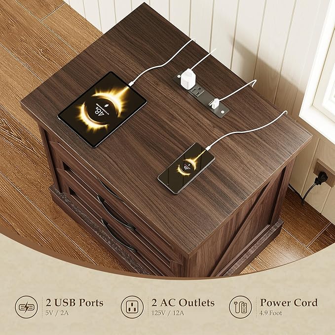 AODK Farmhouse Nightstands Set of 2, 24 Inch Bedside Tables with Charging Station, End Tables with Three Drawers, Bed Side Tables with Outlet and USB for Bedroom & Living Room, Dark Walnut
