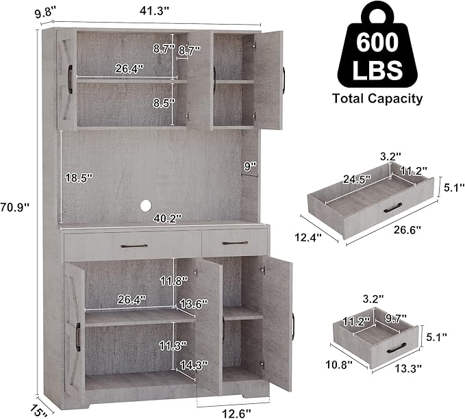 71" Kitchen Pantry Cabinet with Charging Station, Pantry Storage Cabinet Large Kitchen Hutch with Microwave Stand, Coffee Bar Station with Doors and Adjustable Shelves for Kitchen, Grey