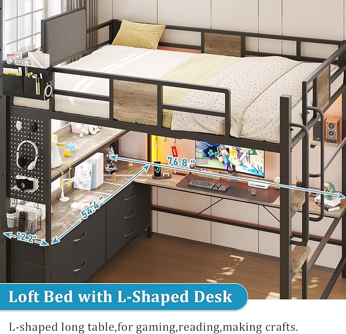 busyaeh Loft Bed Full Size with 5 Drawers & 3 Open Shelves and Charging Station，Full Size Loft Bed with Desk & LED Lights and Thickened Tread Stairs,Loft bed Space-Saving,No Box Spring Needed,Oak Gray