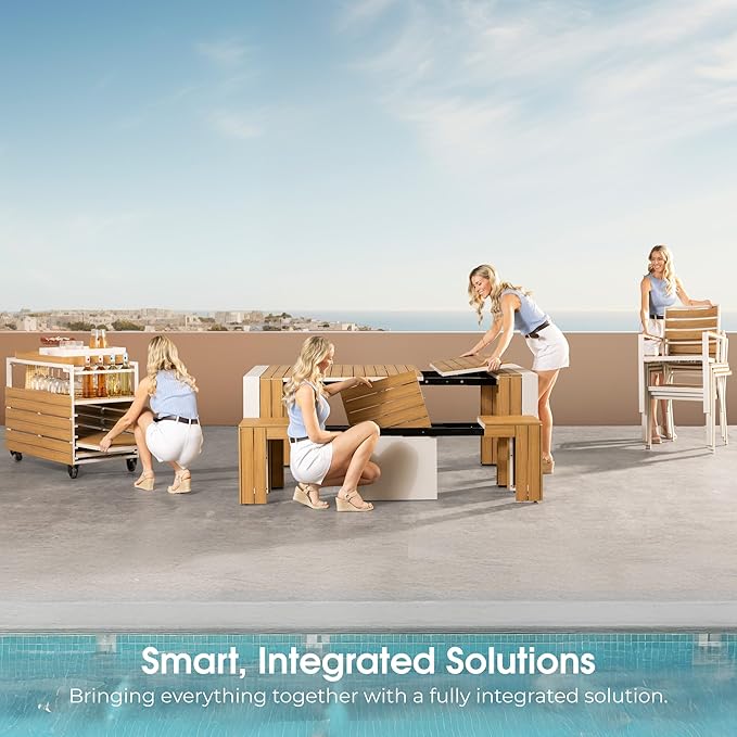 Transformer Table - Extendable Outdoor Dining Set up to 12, Expandable Patio Table, Weather-Resistant Patio Furniture, Outdoor Furniture, Dark Walnut, Brown (Table + 2 Benches)