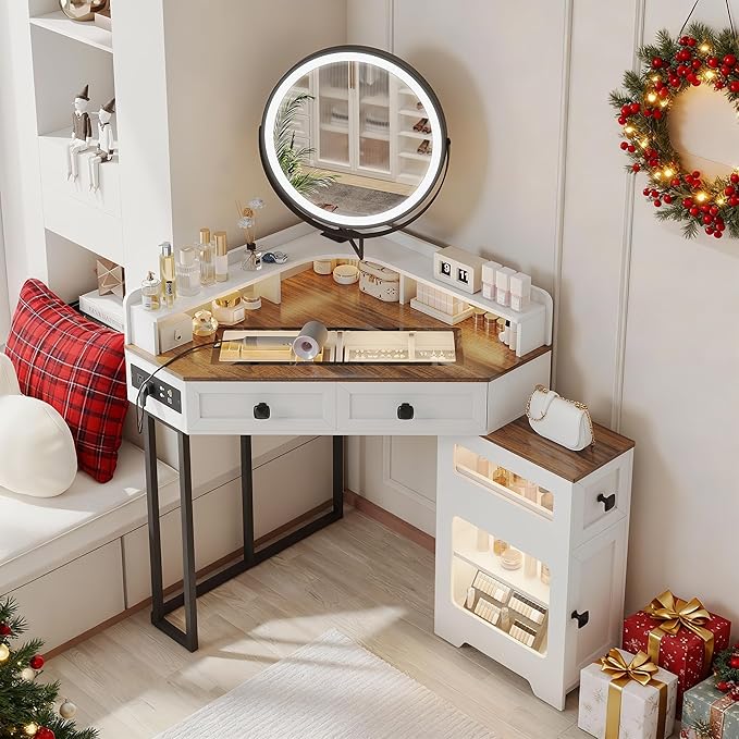 FREDEES Corner Vanity with Mirror and Lights,Modern Makeup Vanity Set with Charging Station for Bedroom/Cloakroom,Glass Top Vanity Table with Drawers and Shelves,White