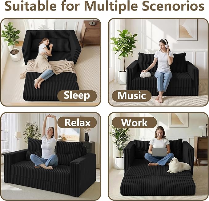 HABUTWAY 41.3" Loveseat Boneless Couch, 4-in-1 Convertible Sofa Bed, Plush Fur Folding Futon Sofa Bed Couches with a Pillow for Living Room, High-Density Foam Support, No Assembly Required, Black