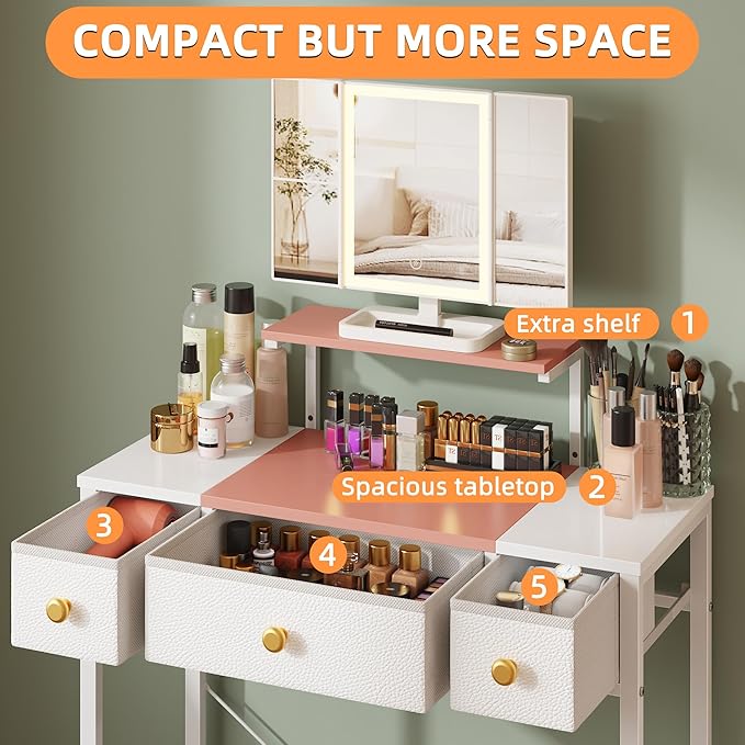 HIGDBFE Small Makeup Vanity Desk 27.5''W with Mirror and Lights, Vanity Desk with 3 Fabric Drawers and Height-Adjustable Stand, Vanity Table for Girls Gifts, Bedroom and Small Spaces, White&Pink