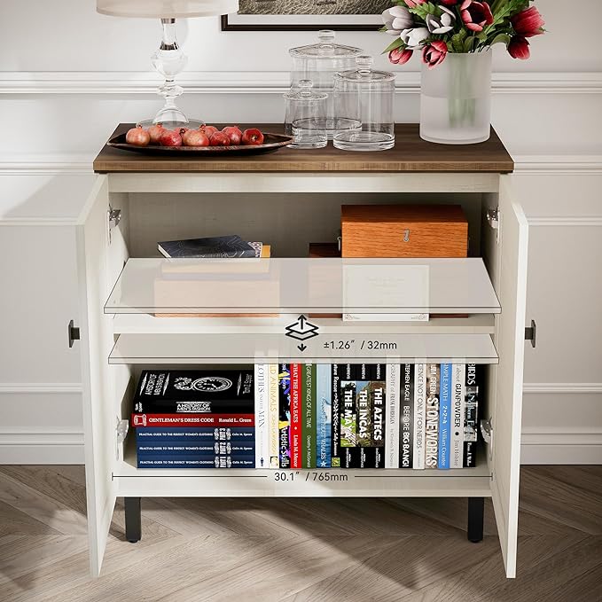 FENSULN Multifunctional Buffet Sideboard Cabinet Farmhouse Modern Storage Cabinet with Adjustable Shelves for Kitchen, Coffee Bar, Living Room, White