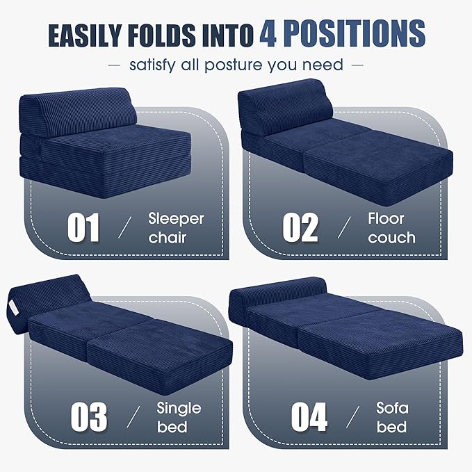 Kasunpul Folding Sofa Bed with Pillow, Memory Foam Fold Out Chair Bed, Convertible Sleeper Chair with Washable Cover, Futon Floor Couch for Living Room/Dorm/Guest Use/Home Office/Apartment, Navy Blue