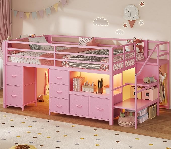 ADORNEVE Low Loft Bed Twin Size with Stairs,7 Drawers, Bookcase and LED Lights, Metal Kids Loft Bed with 14" H Safety Guardrail,Inclined Ladder and Play Curtain, Under-Bed Play Space, Pink