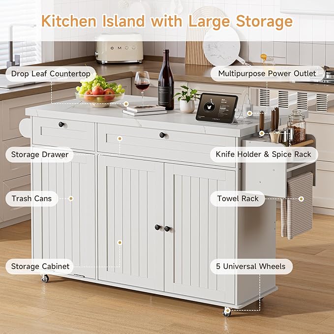 60" Kitchen Island with Power Outlet & Drop Leaf, Kitchen Rolling Island with Spice Rack & Towel Rack, Knife Holder, Kitchen Island Cart with Trash Storage Cabinet, Mobile Island Table for Kitchen