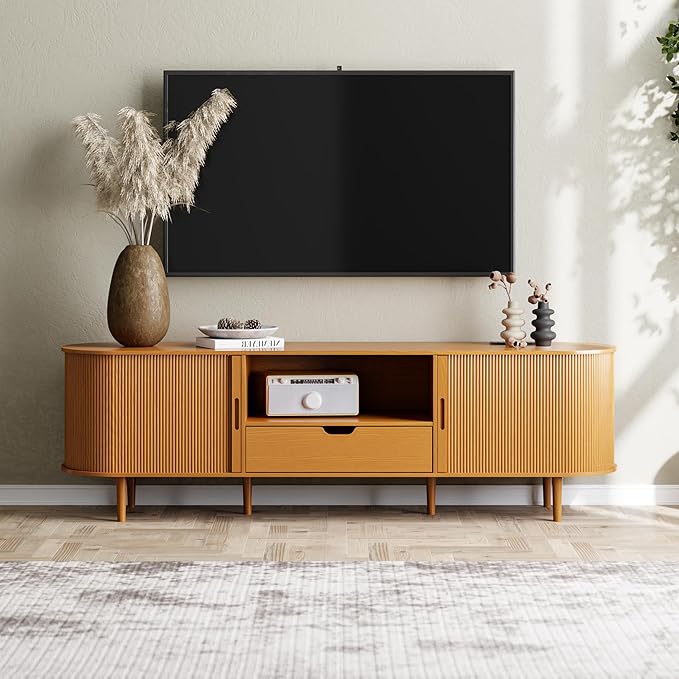 DHH 71" Fluted TV Stand with Power Outlet for TVs up to 80",TV Console with Adjustable Shelves and Sliding Door,Mid Century Modern Entertainment Center for Living Room,Bedroom (Yellow Walnut, 71Inch)