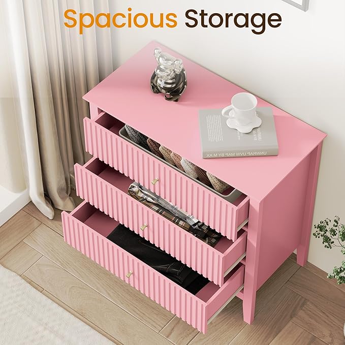 RoyalCraft 32" Large Nightstand, Fluted Painted Bedside Table with 3 Spacious Drawers, Modern Tall End Table for Bedroom, Pink