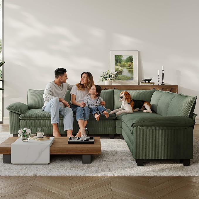 LINSY HOME Modular Sectional Sofa, 5-Seat Corduroy Modern Cloud Couch with Deep Seat, Perfect for Living Room, Office, Bedroom, Green
