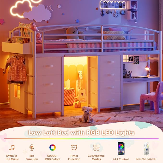 Twin Low Loft Bed with Desk, 7 Storage Drawers & LED Lights, Kids Metal Loft Bed with 12" H Safety Guardrail, Underbed Play Space & Curtain, Anti-Collision Pad (White)