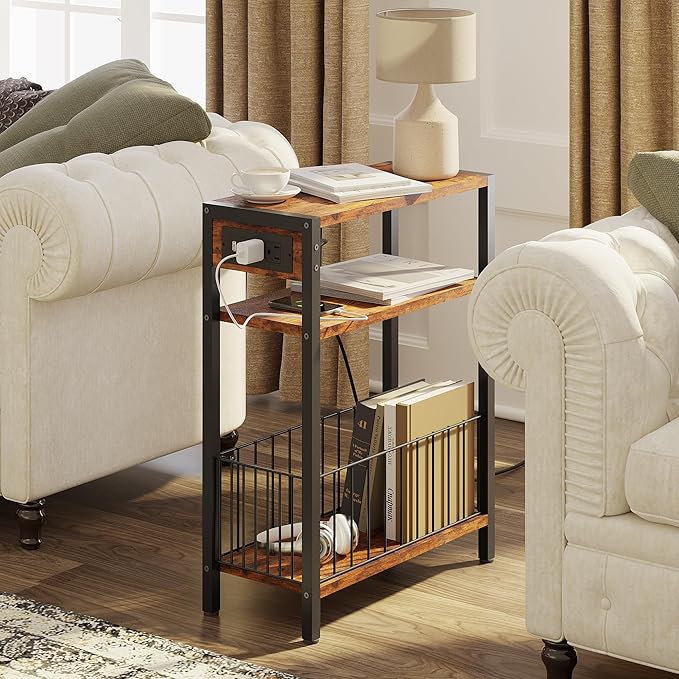 TRIFEBLE Narrow Side Table with Charging Station, Small End Table for Small Spaces, Slim Nightstand with Storage Basket, 3 Tier Skinny Bedside Table for Living Room, Bedroom, Rustic Brown