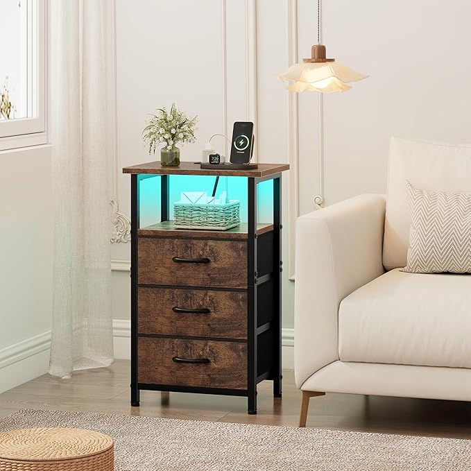 Vagusicc Night stand Set 2 with Charging Station, LED Nightstand for Bedroom, Bedside Table with 3 Fabric Drawer, End Table Side Table with USB Port & Outlets, Bed Side Table for Bedroom, Rustic Brown
