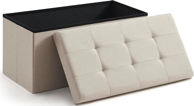 Ornavo Home Folding Storage Ottoman, 30 Inch Large Storage Bench with Lid, Foot Rest Stool for Bedroom, Living Room, Entryway, Tufted Linen Upholstered - Beige