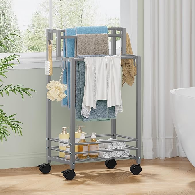 Gewudraw Free Standing Towel Rack, Pool Towel Rack, 4-Tier Blanket Stand with Shelf, Bathroom Towel Drying Rack with 4 Hooks, Rust-Resistant Drying Rack Indoor/Outdoor, Silver