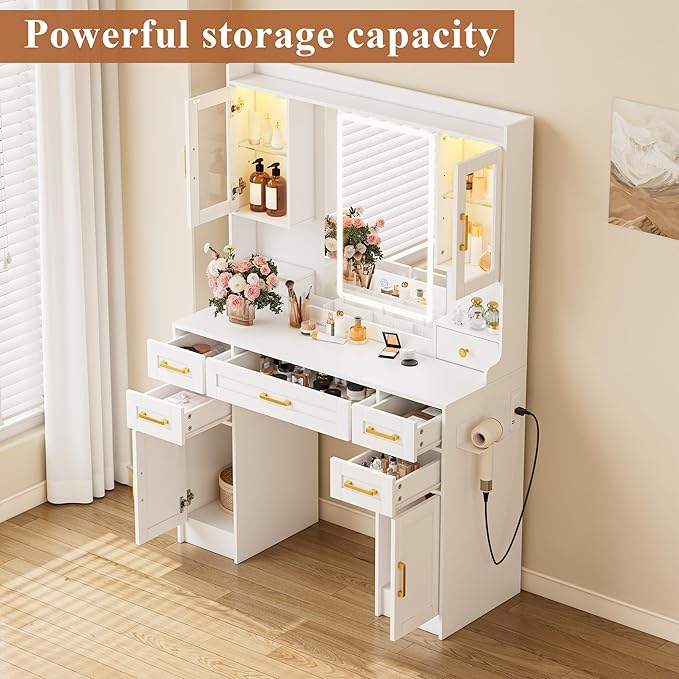 KAMABOKO White Vanity Desk with Mirror and Lights, Makeup Vanity with 2 Clear Glass Display Cabinets and 2 Large Drawers, 3 Lighting Color Adjustable, Girls Dressing Table for Bedroom