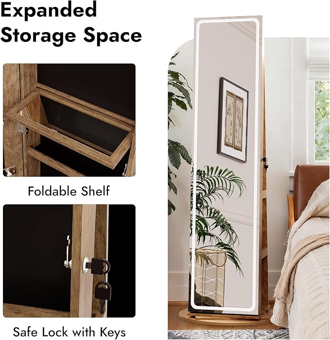 Zamildon's LED Mirror Jewelry Armoire, 360° Swivel Mirrored Jewelry Storage Cabinet with Interior LED Lights, Full Length Mirror Floor Standing Jewelry Organizer with Storage Shelves (Rustic Brown)