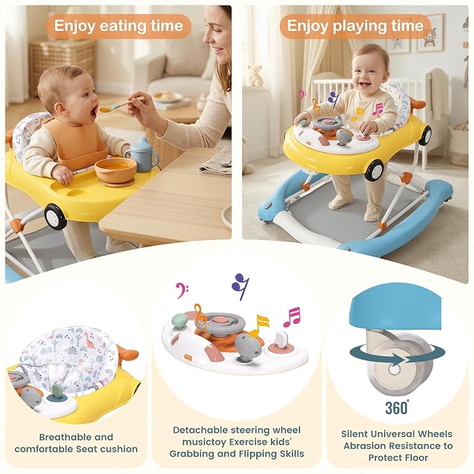 Baby Walker, 5-in-1 Baby Walker for Boys and Girls with Bouncer, Removable Footrest, Music, Foldable & Adjustable Speed Wheels Activity Walker for 6-18 Months Toddler Infant(Yellow Blue)