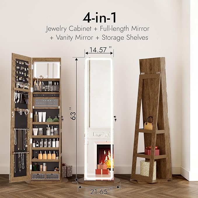 Zamildon's LED Mirror Jewelry Armoire, 360° Swivel Mirrored Jewelry Storage Cabinet with Interior LED Lights, Full Length Mirror Floor Standing Jewelry Organizer with Storage Shelves (Rustic Brown)