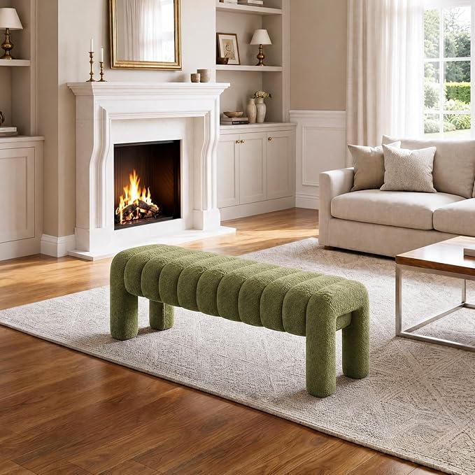 43’’ Bedroom Bench, Upholstered End of Bed Bench with Solid Wood Legs, Modern Small Dining Bench with Full Covered Fabrics for Entryway, Bedroom, Living Room (Green, Boucle)