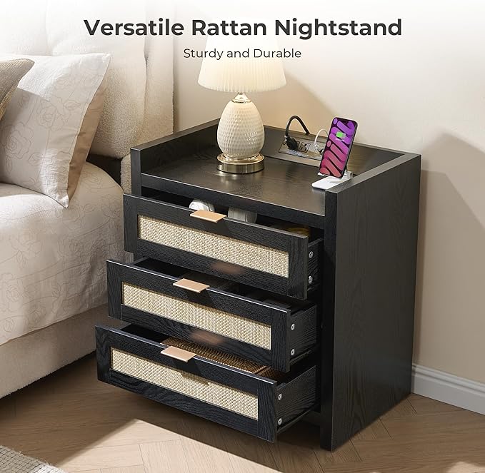 SICOTAS Rattan Nightstand Bedside Table - Larger Night Stand with Type-C Charging Station, 3 Drawers Storage - Boho Night Stands End Table for Bedroom - Black Oak